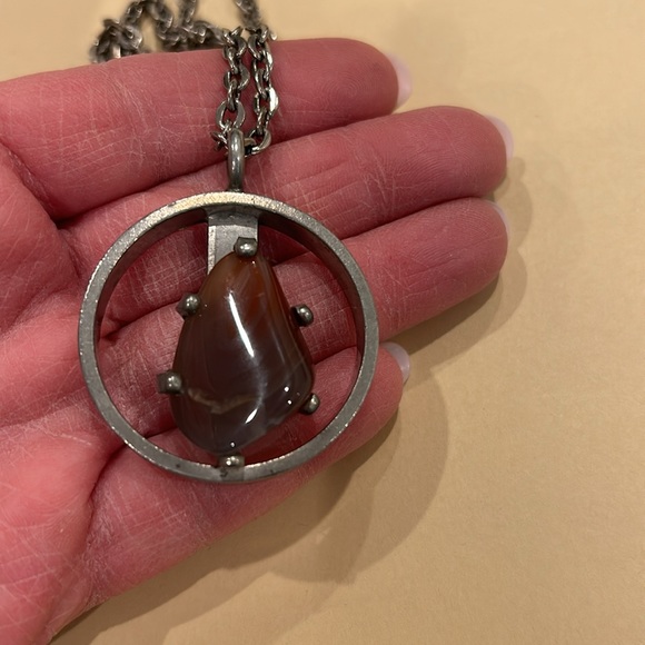Jorgen Jensen Denmark pewter pendant with agate stone and chain - Picture 5 of 12